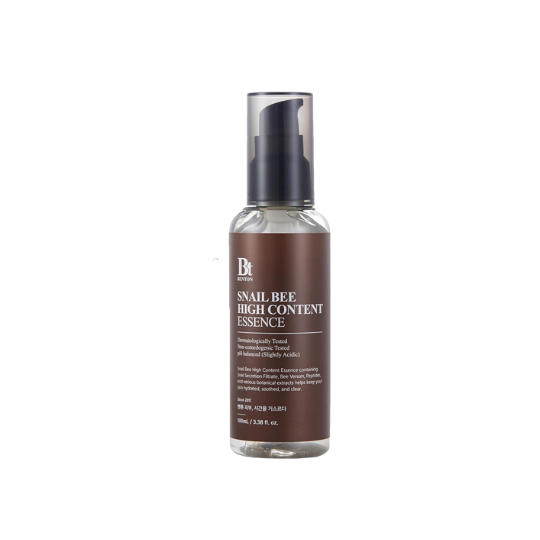 BENTON Snail Bee High Content Essence is a multi-functional essence that hydrates, soothes, and improves skin texture. Formulated with Snail Mucin, Bee Venom, and Niacinamide, it helps repair skin, reduce dark spots, and boost elasticity. Enriched with Peptides, Aloe, and Beta-Glucan, it calms irritation and supports a healthier, more radiant complexionâperfect for sensitive, troubled, or dull skin.