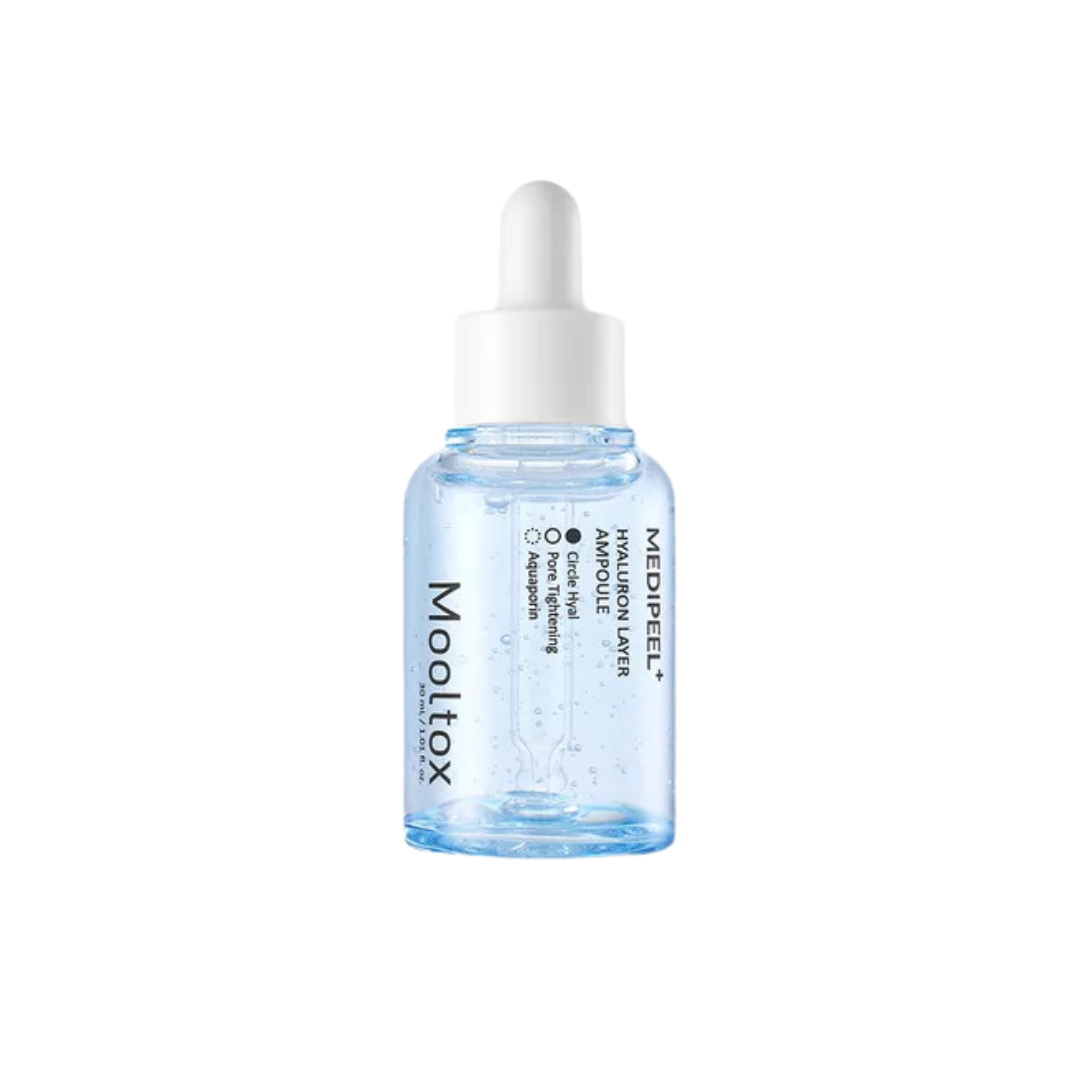 MEDIPEEL Hyaluronic Acid Layer Mooltox Ampoule is a deeply hydrating serum designed to replenish and lock in moisture. Infused with multiple types of Hyaluronic Acid, Collagen, and Ceramides, it provides intense hydration, improves elasticity, and enhances the skinβs moisture barrier. Enriched with Centella Asiatica, Eclipta Prostrata, and Rice Bran Oil, it soothes and revitalizes, leaving the skin plump, smooth, and radiant. Perfect for all skin types needing a boost of lasting hydration.