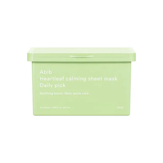 ABIB Heartleaf Calming Sheet Mask Daily Pick is a soothing daily sheet mask designed to calm and refresh sensitive or stressed skin. Formulated with Houttuynia Cordata (Heartleaf) Extract and Niacinamide, it helps reduce redness while improving overall skin clarity. Allantoin and Centella-derived ingredients support skin comfort, while multiple forms of Hyaluronic Acid deliver lightweight hydration for a soft, balanced feel. The gentle essence absorbs quickly, making it perfect for everyday use. Apply the m