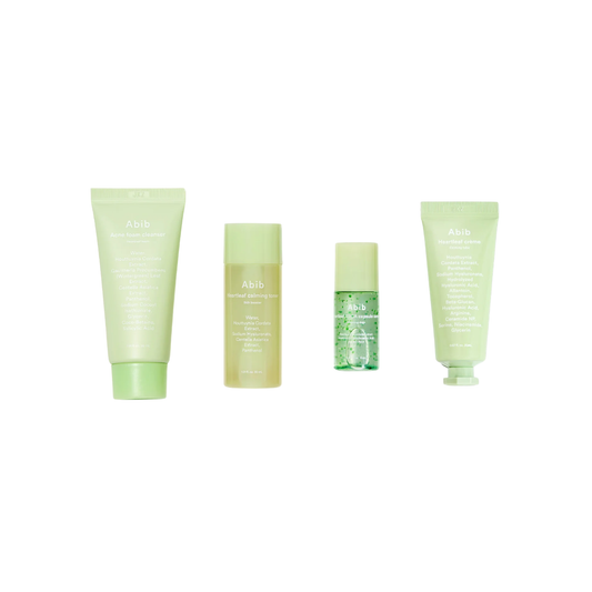 ABIB Heartleaf Calming Trial Kit features four mini essentials powered by Korea’s most loved soothing ingredient — Heartleaf. This travel-friendly set lets you experience a complete calming routine with a gentle foam cleanser, hydrating skin booster toner, TECA capsule calming serum, and nourishing Heartleaf cream. Each step works together to soothe irritation, hydrate the skin, and strengthen the barrier for a clear, healthy complexion. Perfect for sensitive, irritated, or stressed skin, or for trying the 