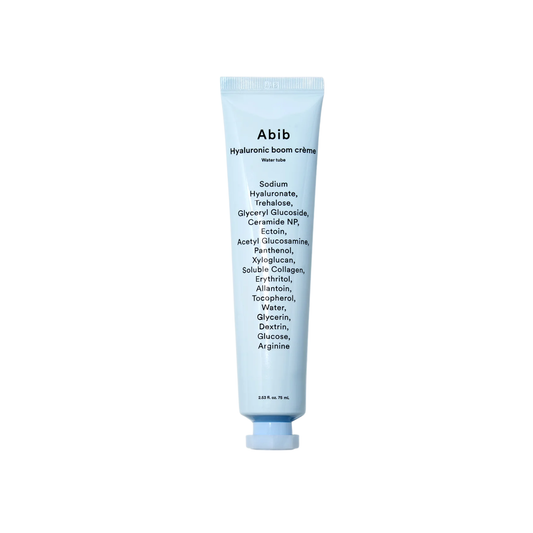 ABIB Hyaluronic Boom Crème Water Tube is a lightweight gel-type cream designed to give skin an instant hydration boost while keeping it cool, fresh, and comfortable. Formulated with nano-sized Hyaluronic Acid, Sodium Hyaluronate, Glyceryl Glucoside, Acetyl Glucosamine, Ectoin, Panthenol, Ceramide NP, Allantoin, Trehalose, Tocopherol, and Soluble Collagen, it helps draw moisture into the skin, support barrier strength, and soften dryness. The fast-absorbing texture feels refreshing on application and is clin