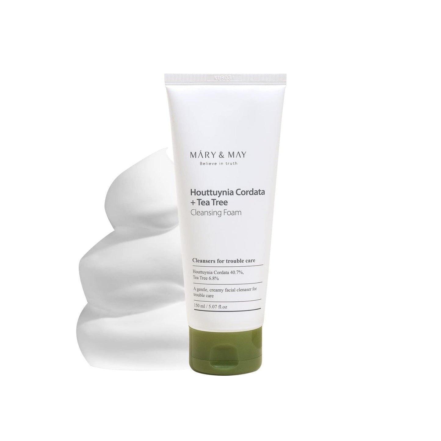 MARY &amp; MAY Houttuynia Cordata + Tea Tree Cleansing Foam is a soothing and purifying cleanser for sensitive and troubled skin. Formulated with 40.7% Houttuynia Cordata Extract and 6.85% Tea Tree Extract, it helps calm irritation and reduce excess oil, while Glycerin and Sodium Hyaluronate provide hydration. The gentle foam effectively cleanses without stripping the skin, leaving it feeling refreshed and balanced. Ideal for acne-prone or oily skin types.