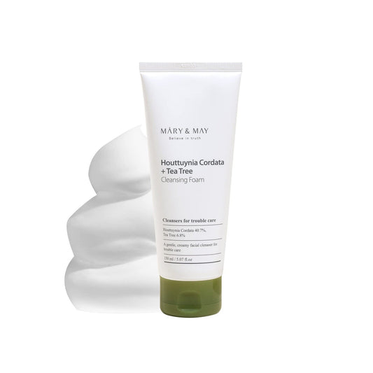 MARY &amp; MAY Houttuynia Cordata + Tea Tree Cleansing Foam is a soothing and purifying cleanser for sensitive and troubled skin. Formulated with 40.7% Houttuynia Cordata Extract and 6.85% Tea Tree Extract, it helps calm irritation and reduce excess oil, while Glycerin and Sodium Hyaluronate provide hydration. The gentle foam effectively cleanses without stripping the skin, leaving it feeling refreshed and balanced. Ideal for acne-prone or oily skin types.